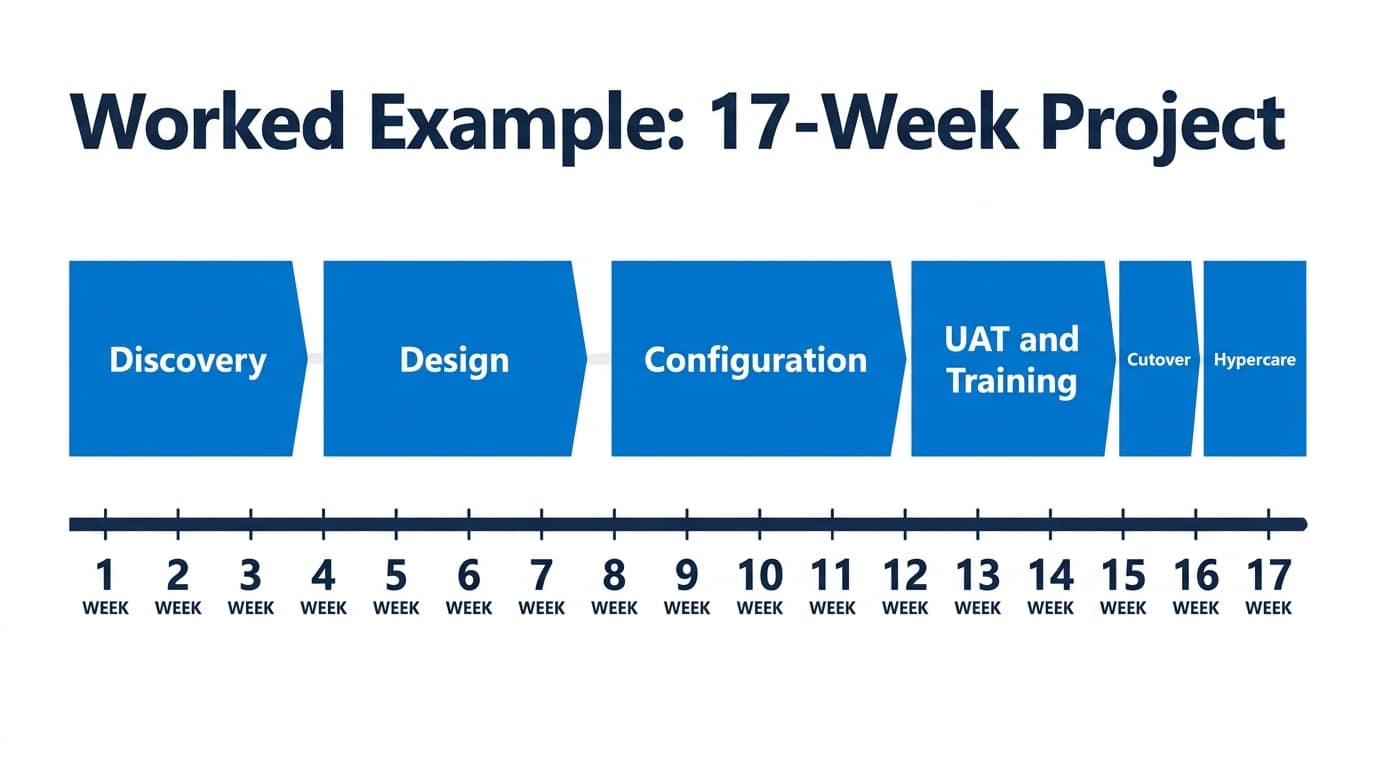 Worked example of a 17-week Business Central implementation timeline for a 35-person distributor