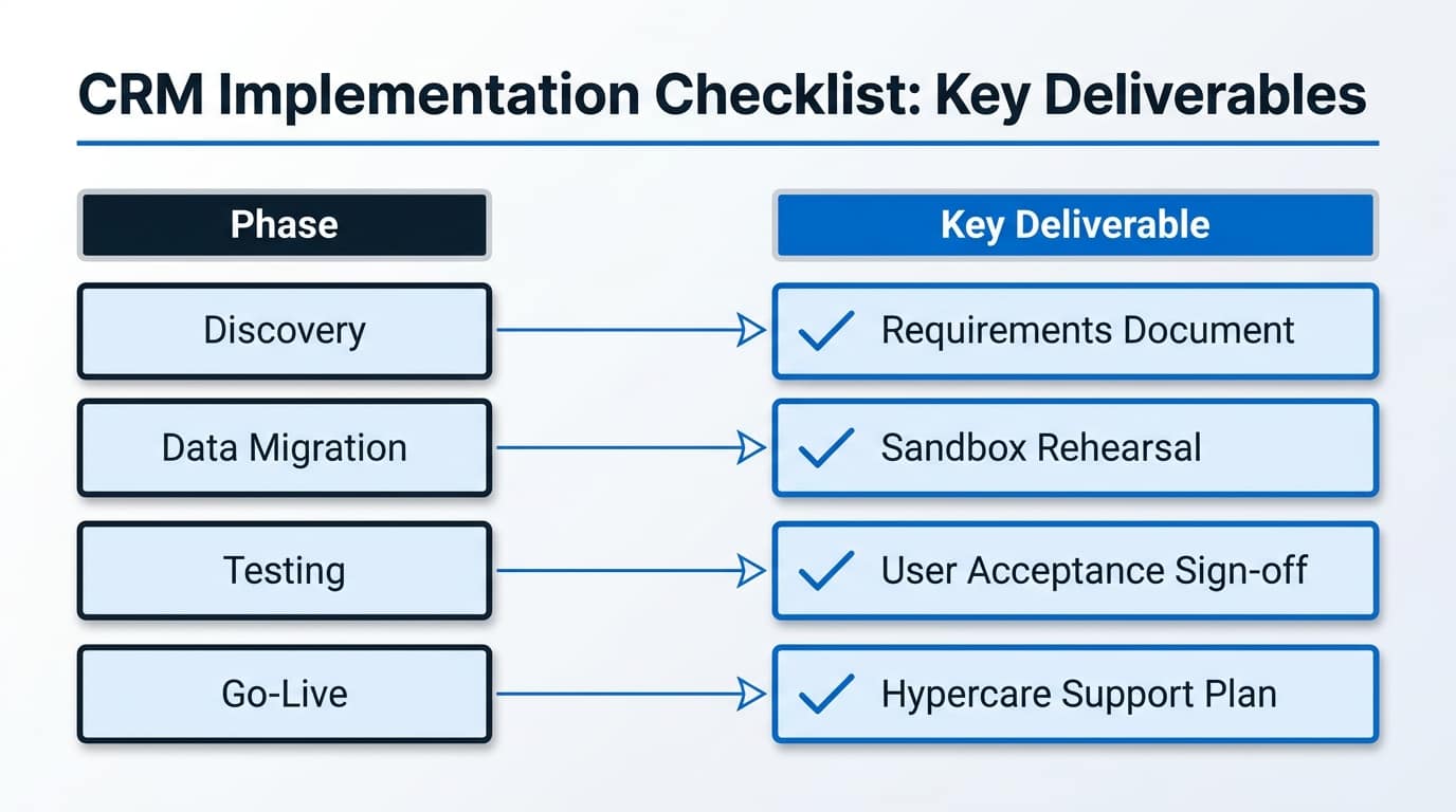 Dynamics 365 CRM implementation checklist showing key deliverables at each of the eight phases
