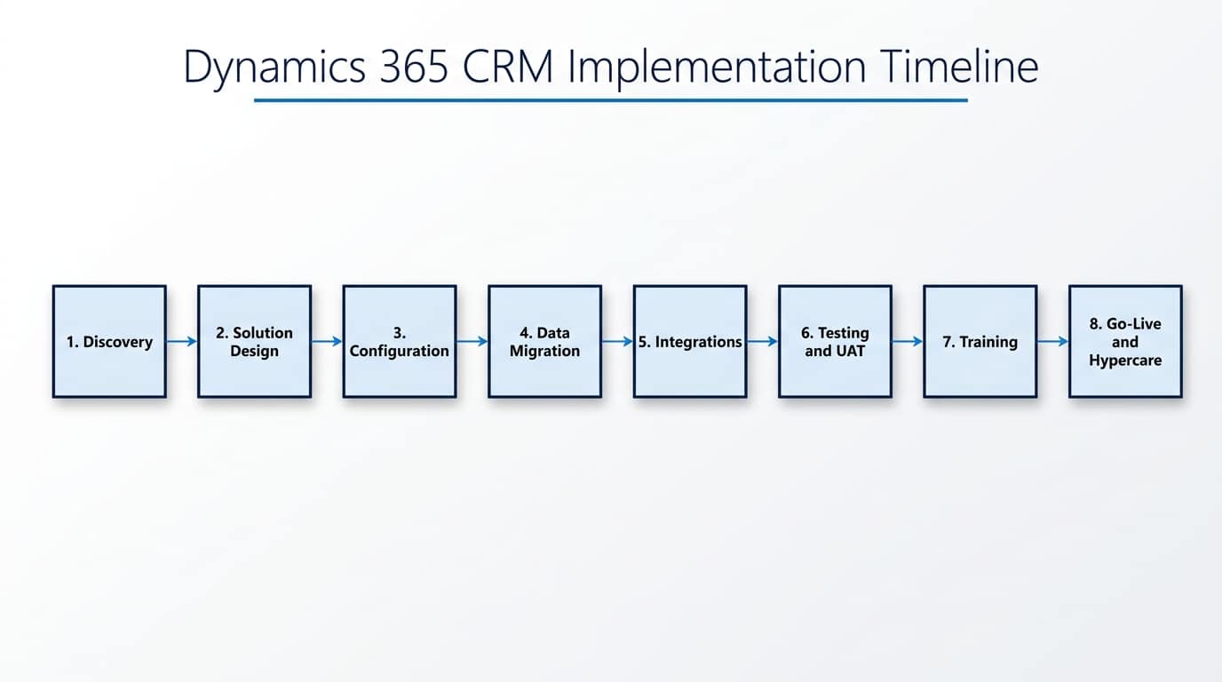 Eight-phase Dynamics 365 CRM implementation timeline from discovery to go-live and hypercare