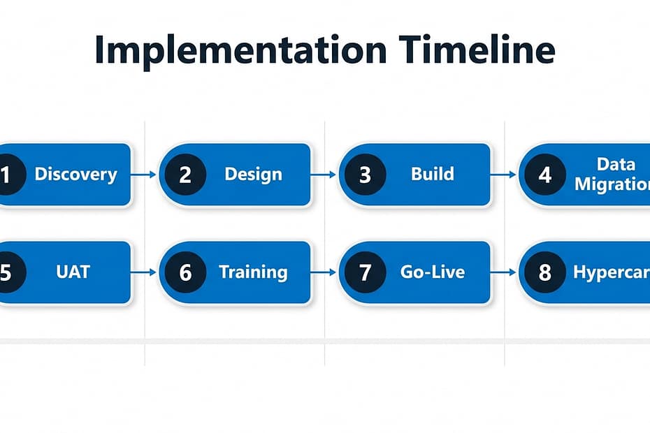 Business Central implementation timeline showing 8 phases from discovery to hypercare