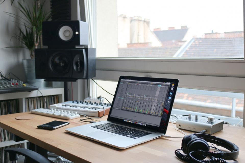 Customer support desk with headset and laptop